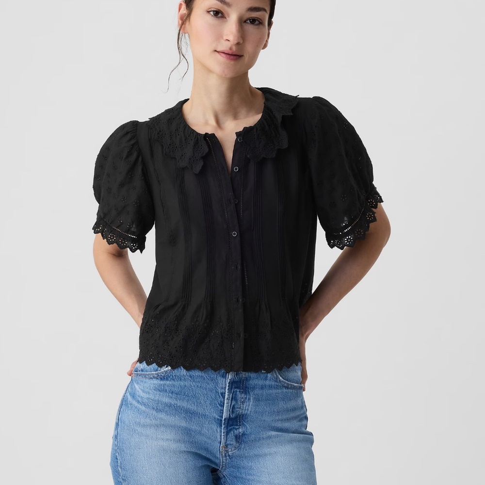 Doen Black Eyelet Cotton Puff Sleeve Blouse